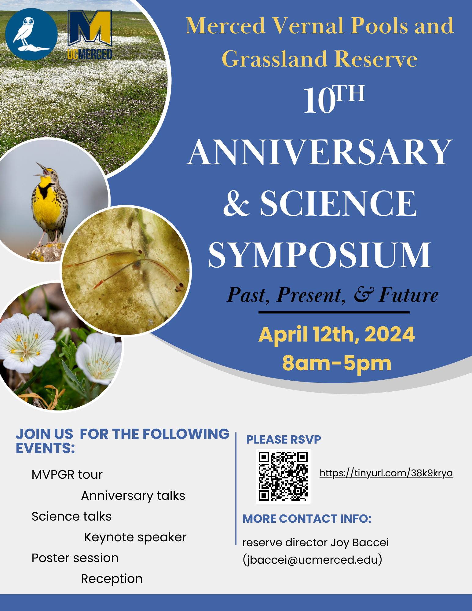 Flyer for the MVPGR Science Symposium, happening Friday, April 12th, 2024, from 8am - 5pm on the UC Merced campus